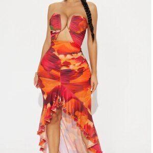 Amaya Strapless Mesh Maxi Dress - Red/combo